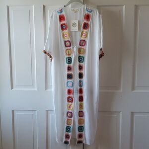 NWT REBELLION BEACH POOL COVERUP BOJO CROCHET GRANNY SQUARE DUSTER WHITE MEDIUM